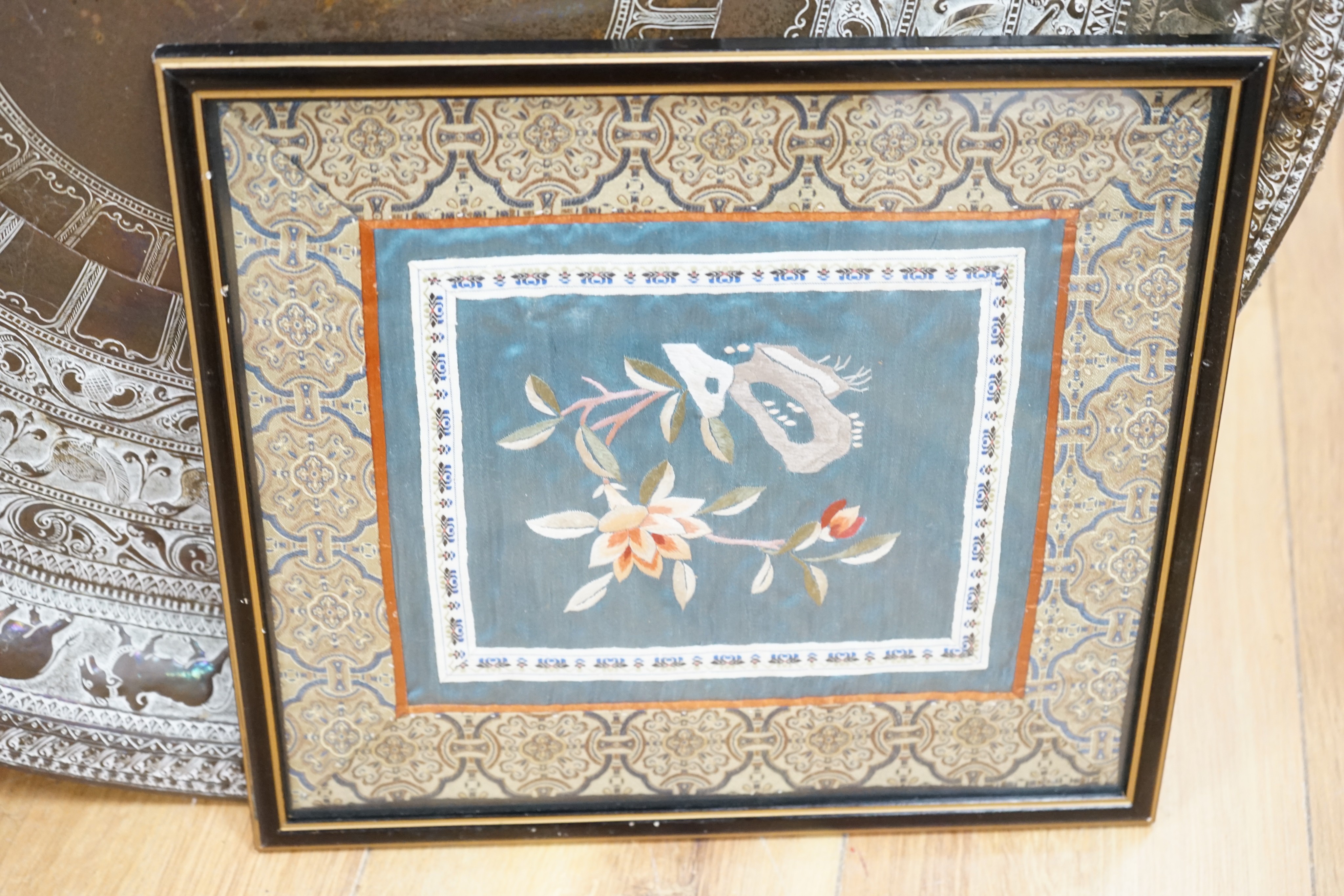 Three Chinese framed embroidered panels and a large oval tray